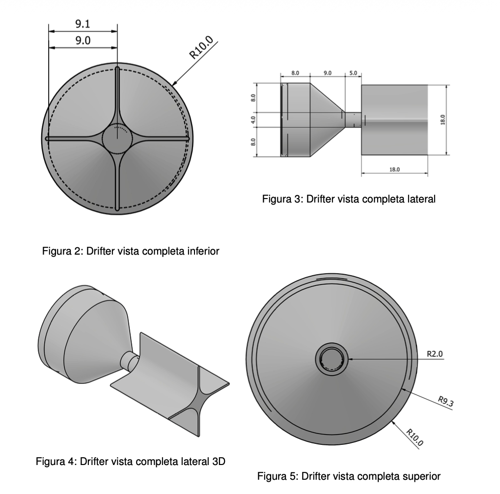 Ocean Drifter CAD diagrams — bottom, lateral, 3D, and top views